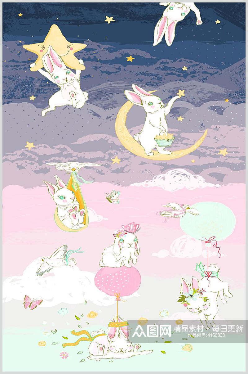 月亮兔子水彩可爱兔子花卉矢量素材素材