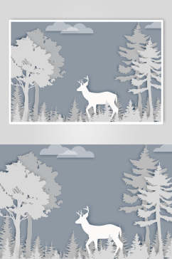 麋鹿树木灰色立体剪纸折纸插画