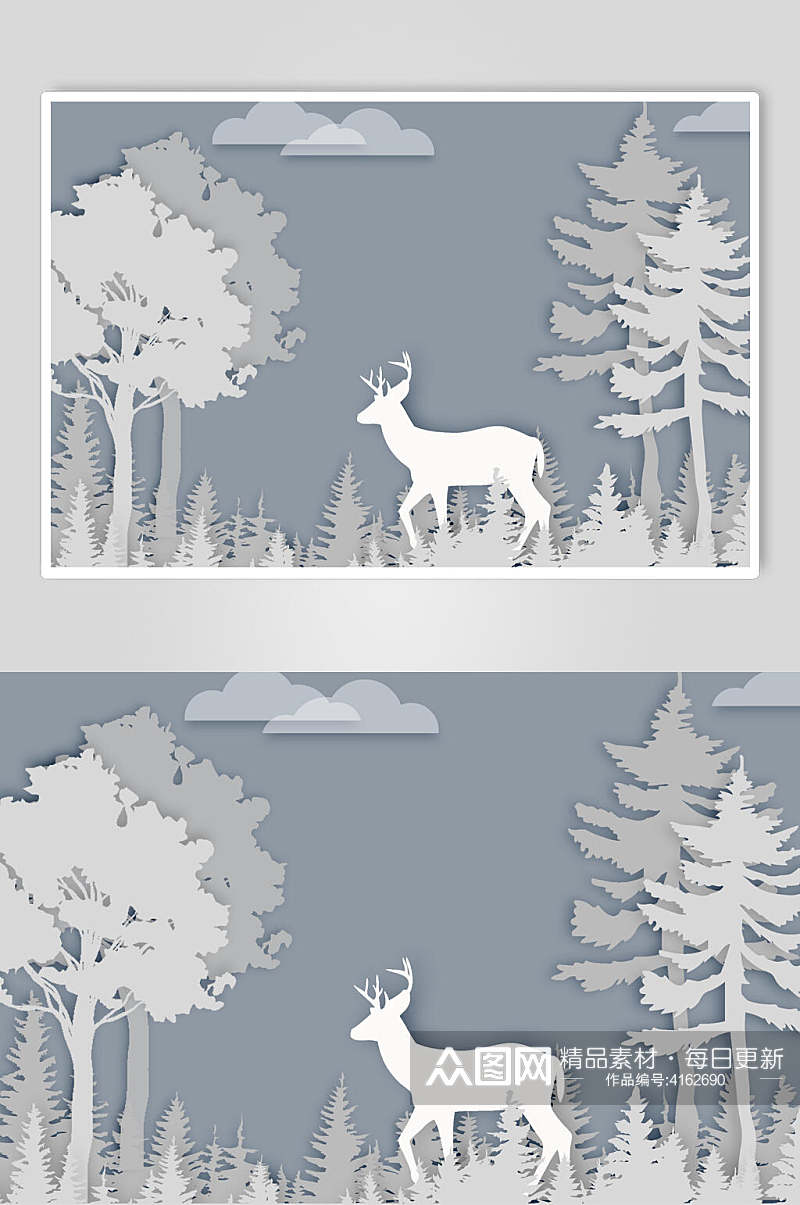麋鹿树木灰色立体剪纸折纸插画素材