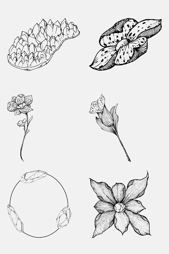 手绘黑花瓣花卉简笔画免抠素材