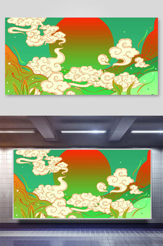 祥云紅綠創(chuàng)意高端國潮風(fēng)矢量插畫