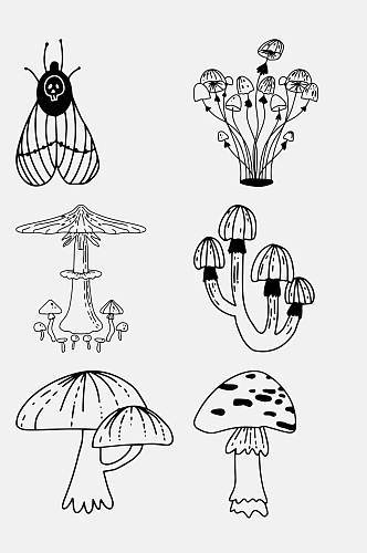 蘑菇昆虫黑色简笔画动植物免抠素材