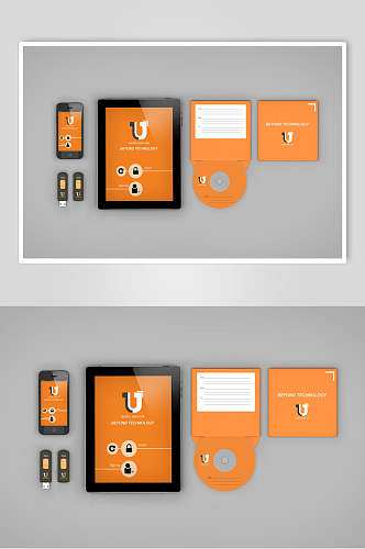 平板光碟橙色灰背景墙品牌VI样机