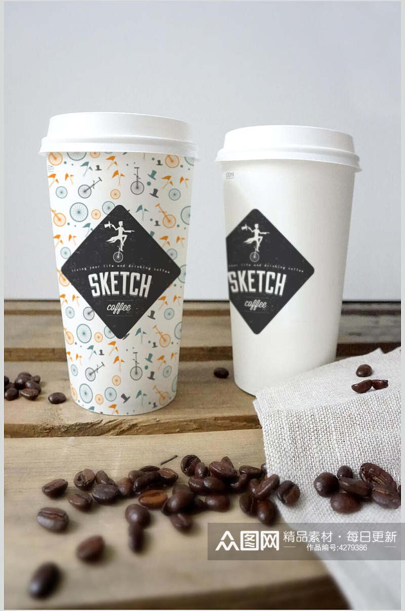 咖啡豆木板英文字母咖啡杯样机素材
