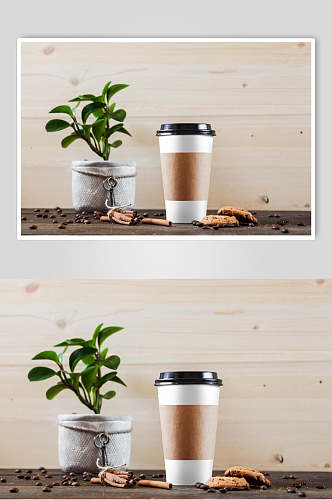 叶子盆栽木板浅棕色咖啡杯样机