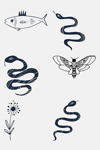 花朵蛇蝴蝶简笔画动植物免抠素材