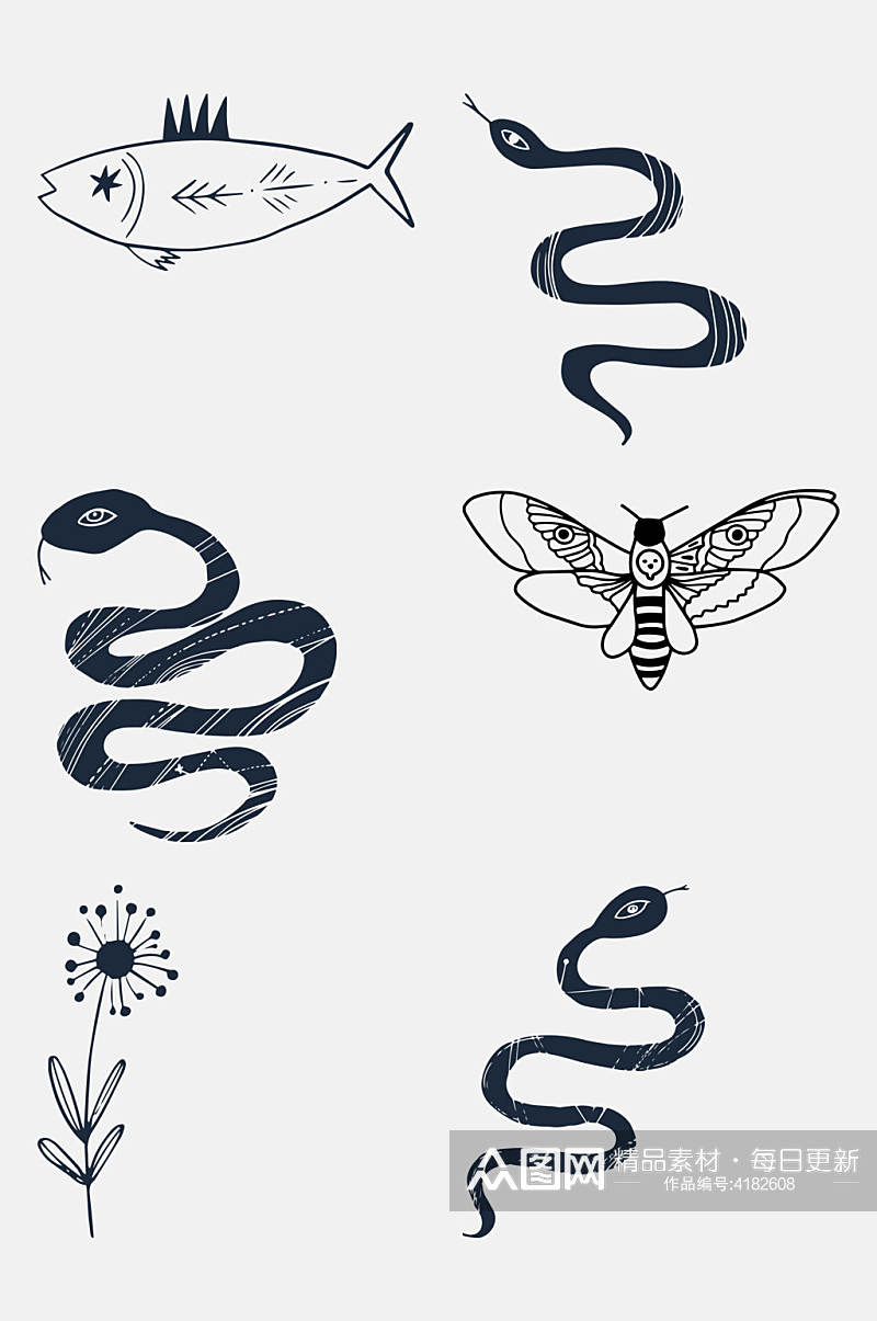 花朵蛇蝴蝶简笔画动植物免抠素材素材
