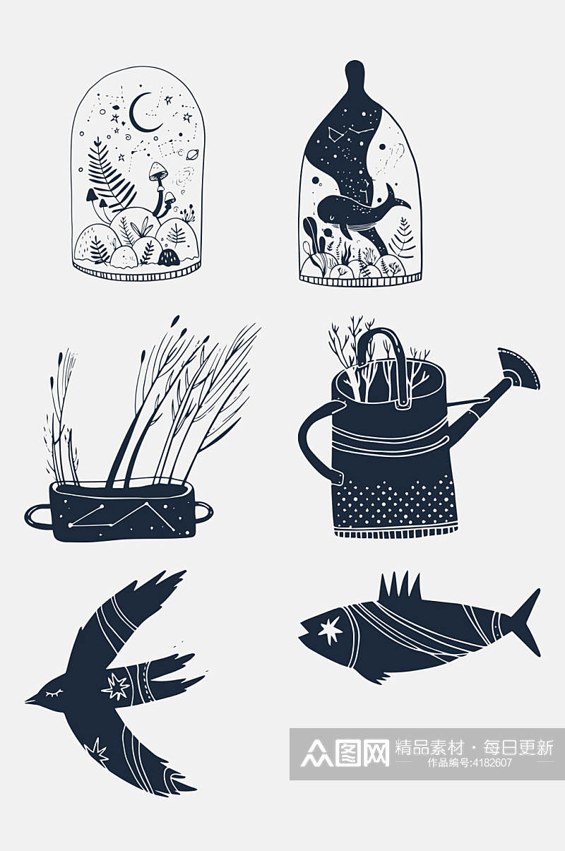 鱼水壶叶子简笔画动植物免抠素材素材