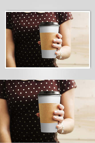 圆形纸杯手指衣服棕咖啡杯样机