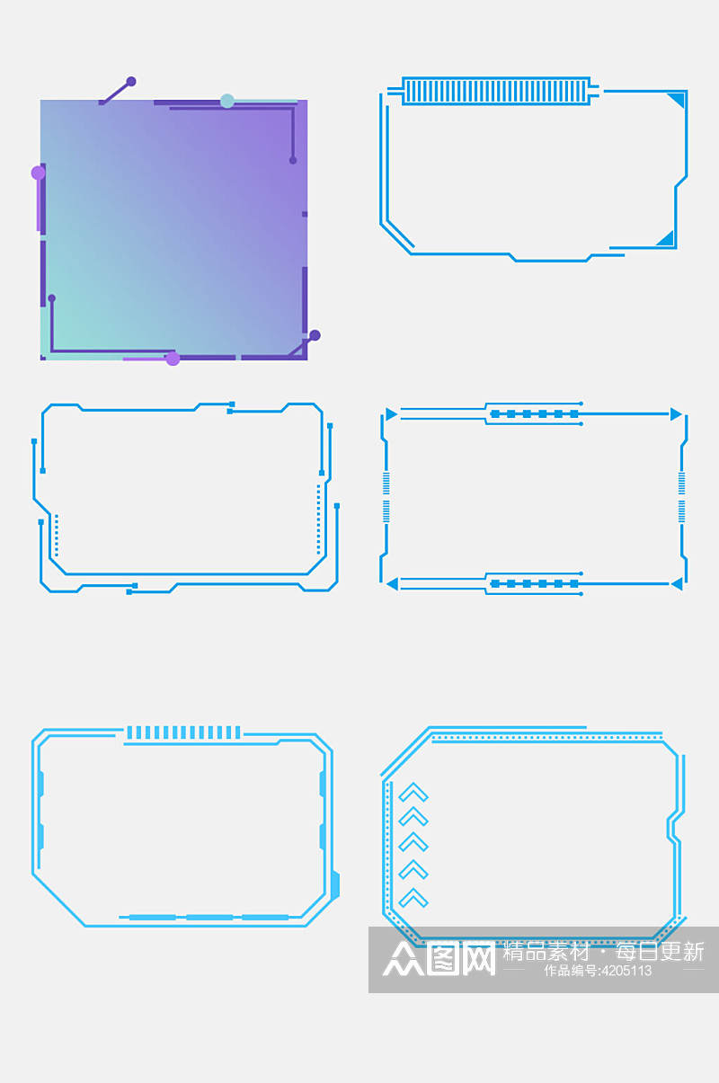 蓝色方形科技感边框免抠素材素材
