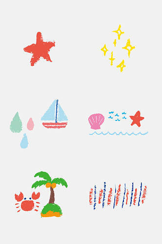 创意螃蟹椰子树蜡笔涂鸦免抠素材