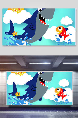 鲨鱼和小鱼卡通动物矢量插画