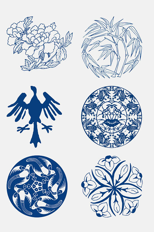 高端鸟青花瓷古典纹样免抠素材