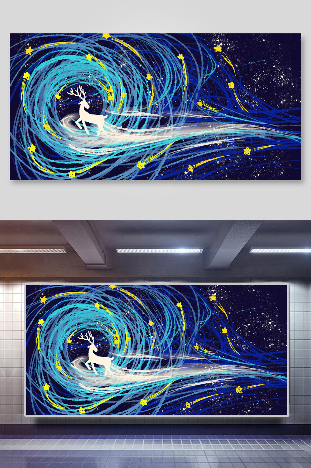 唯美大气麋鹿手绘梦幻插画素材