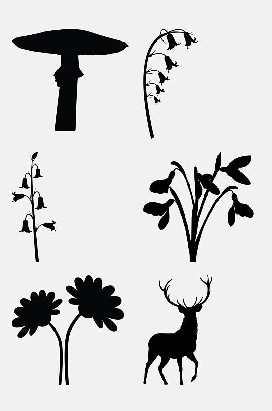 麋鹿花朵黑色动植物大自然剪影免抠素材