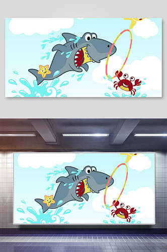鲨鱼卡通动物矢量插画