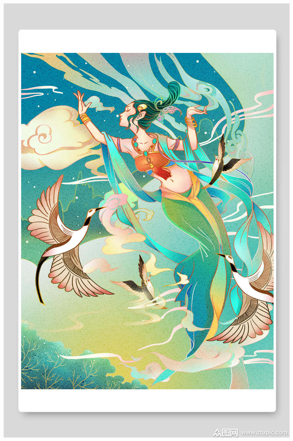 飞天仙女敦煌壁画插画素材