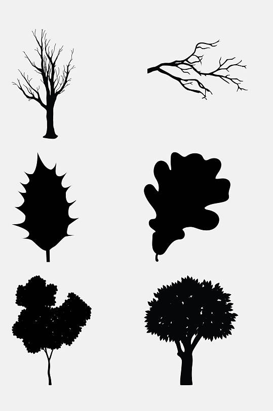 极简绿叶树木黑色动植物大自然剪影免抠素材