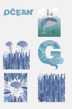 手绘水母海洋动物植物免抠素材