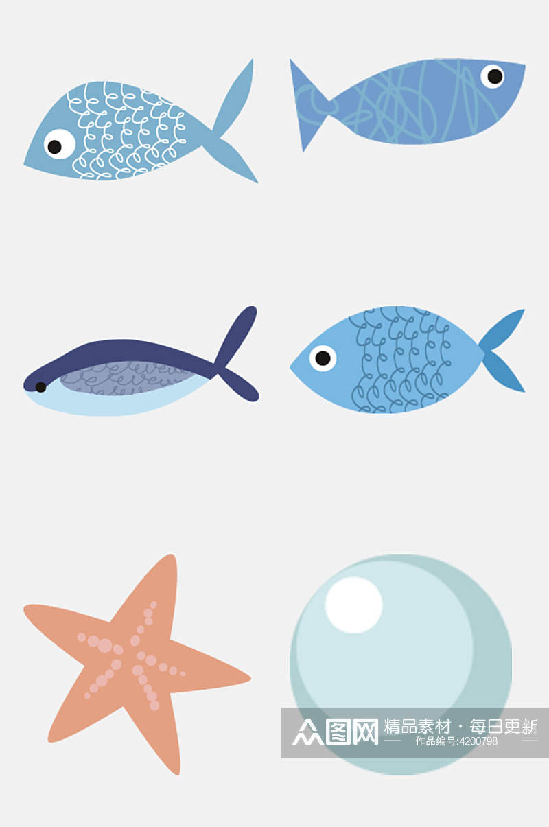 极简手绘鱼海洋动物植物免抠素材素材