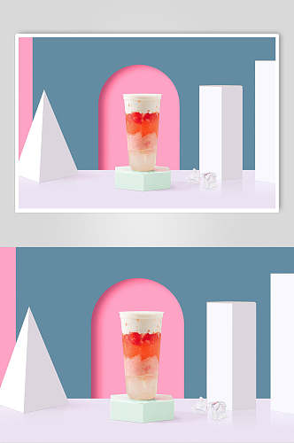 小清新立体草莓奶茶果汁甜品图片