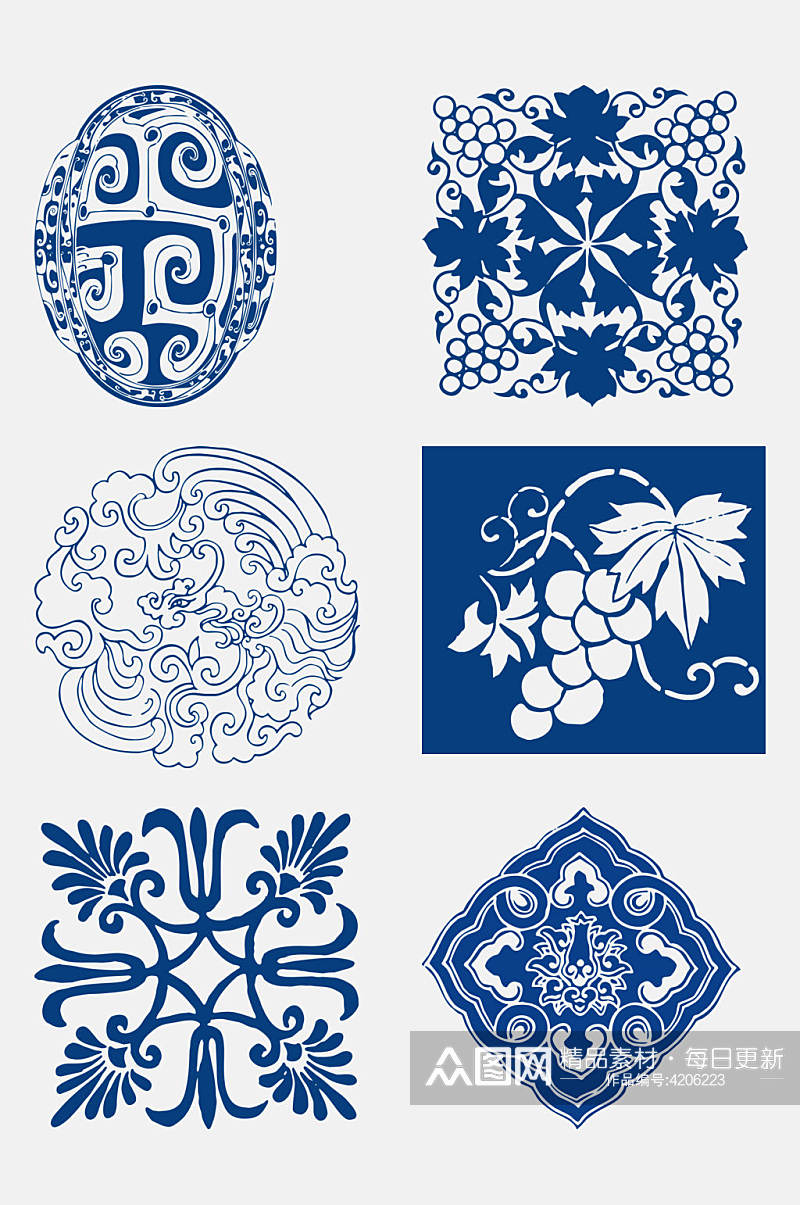 蓝色葡萄青花瓷古典纹样免抠素材素材