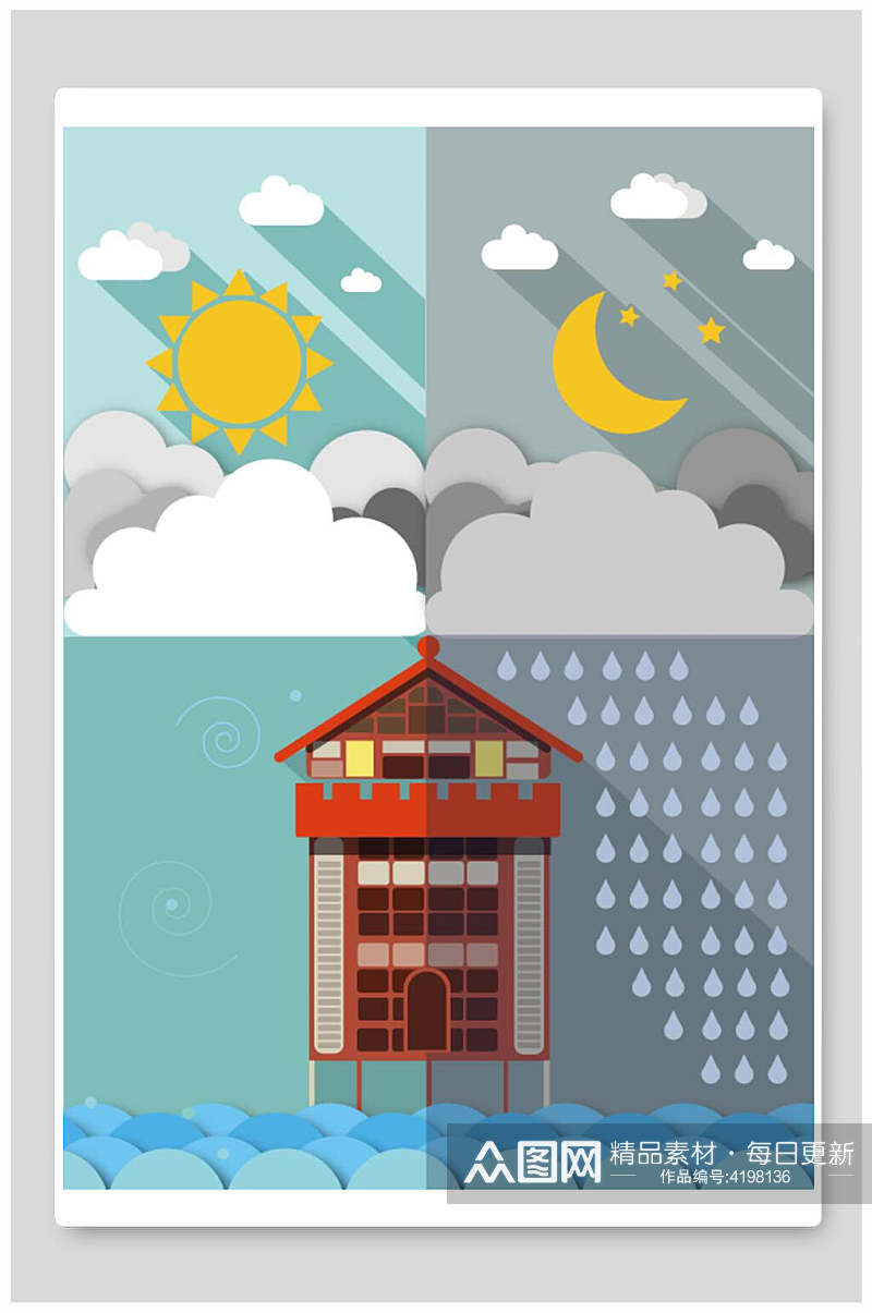 创意白日晚上下雨气候手绘插画素材