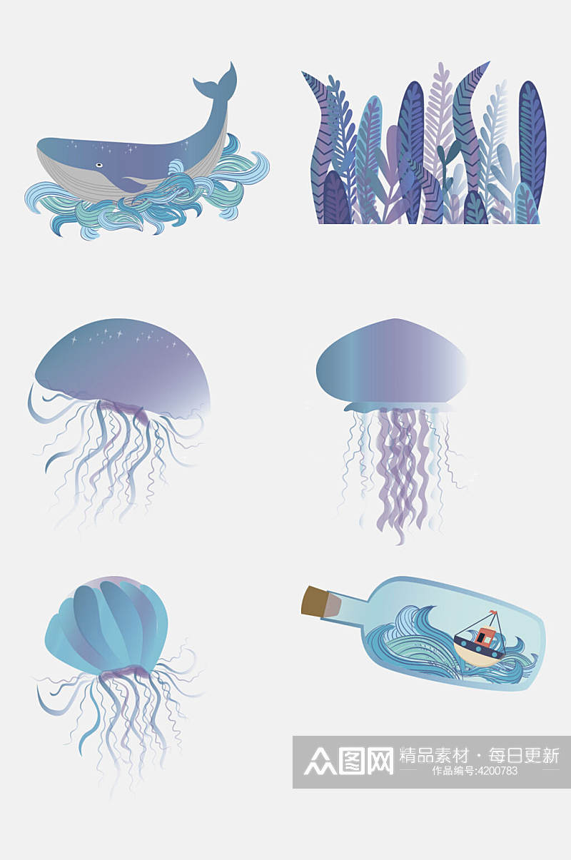 极简手绘水母海洋动物植物免抠素材素材
