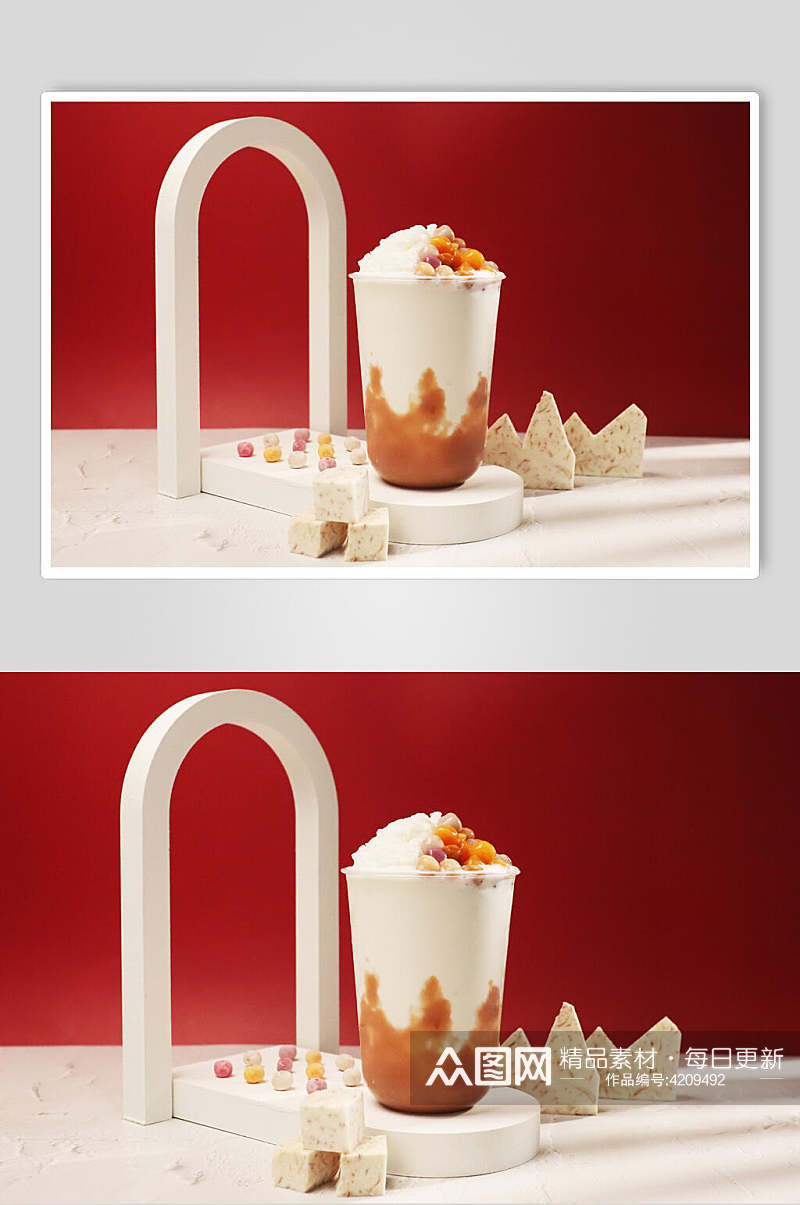红色大气木框奶茶果汁甜品图片素材