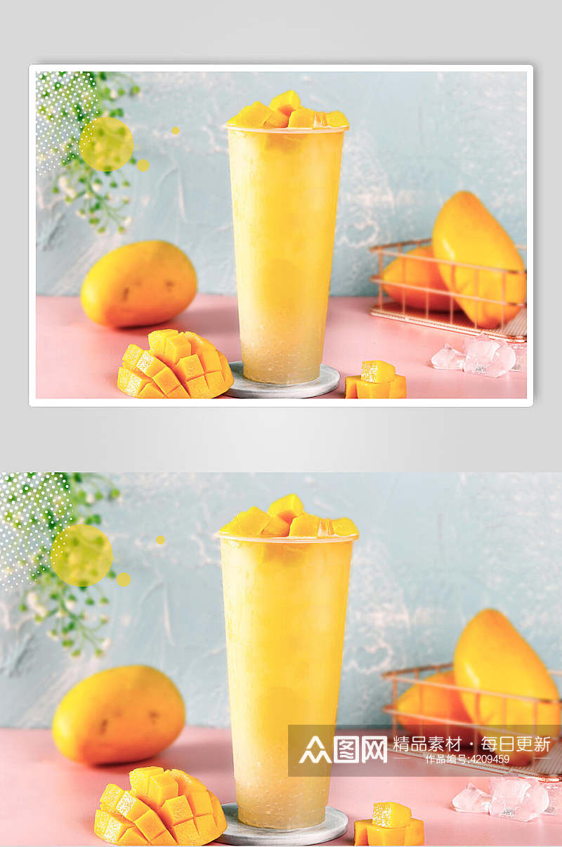 创意芒果冰块奶茶果汁甜品图片素材