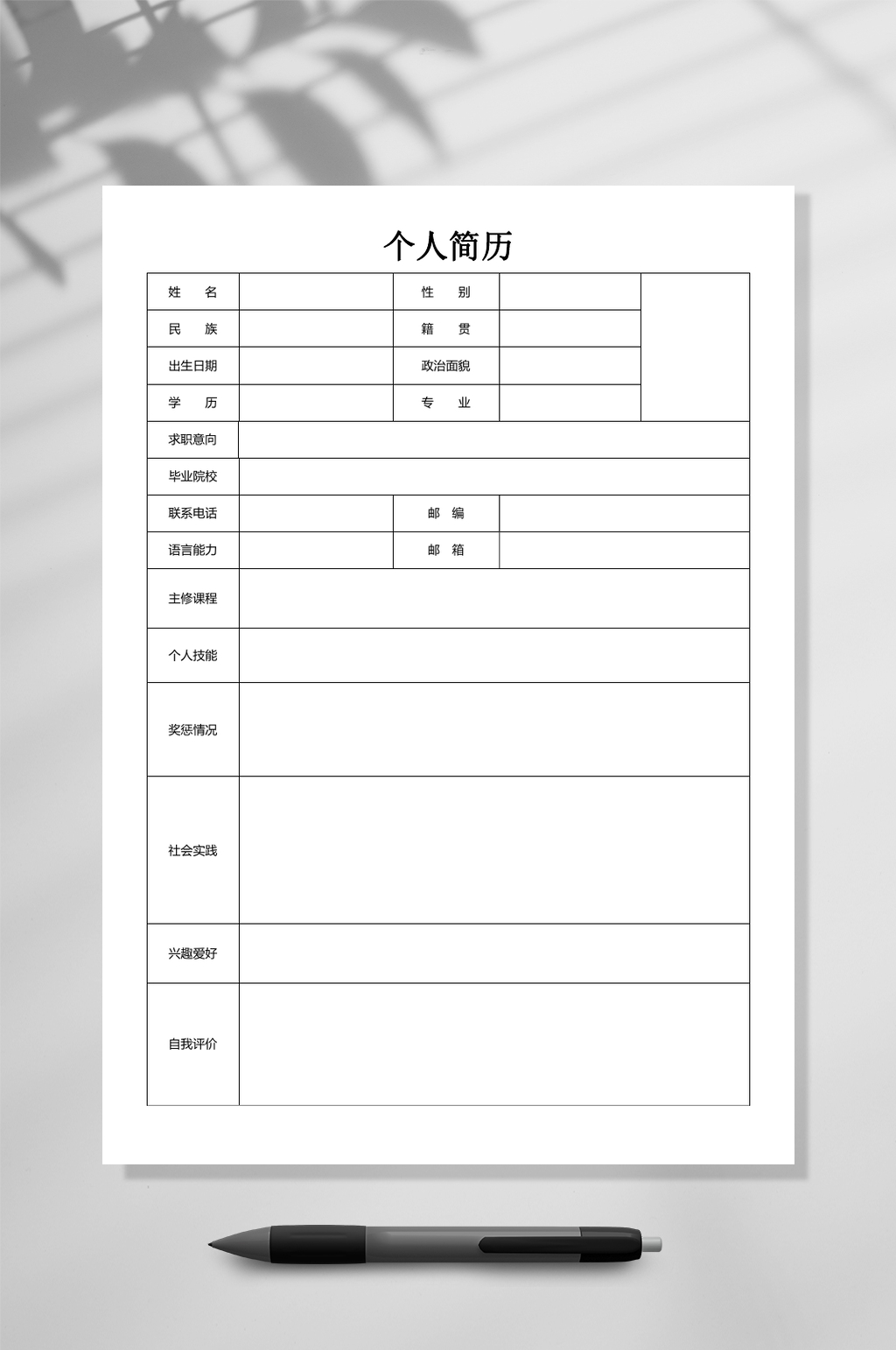 简约风个人简历表格简历word模板下载