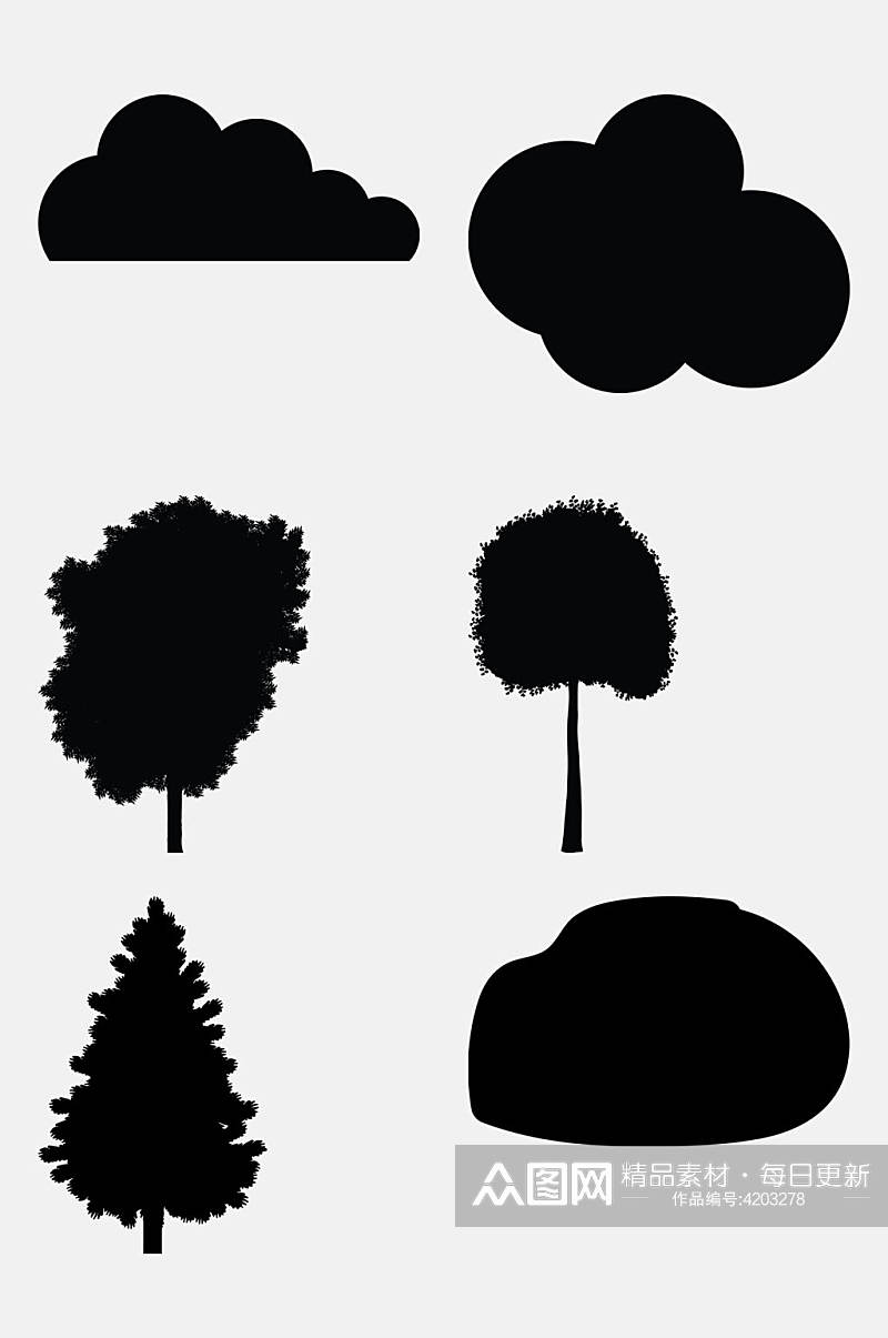树木云朵黑色动植物大自然剪影免抠素材素材