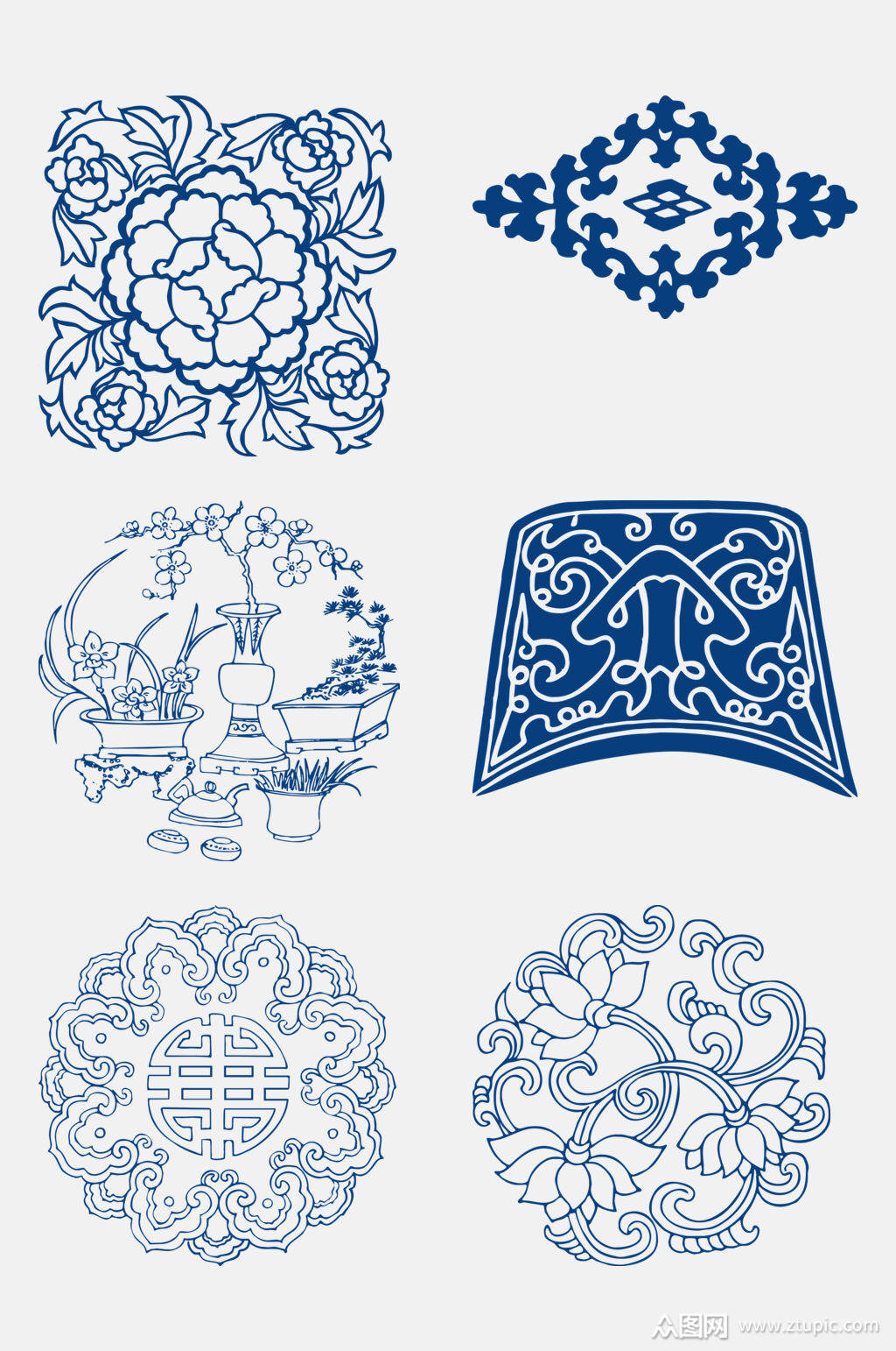 线条蓝青花瓷古典纹样免抠素材素材