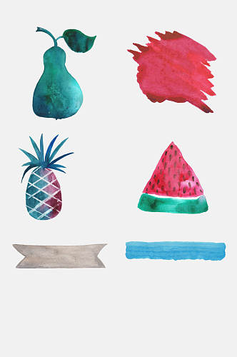 淡雅菠萝西瓜涂鸦抽象水彩免抠素材
