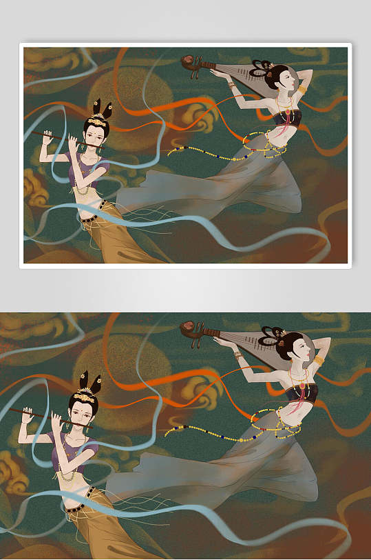吹笛子敦煌壁画插画