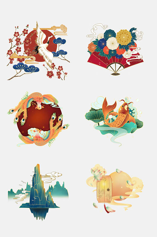 祥云锦鲤手绘国潮风仙鹤山水免抠素材