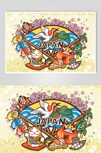 花朵仙鹤猫咪日式海报设计矢量素材