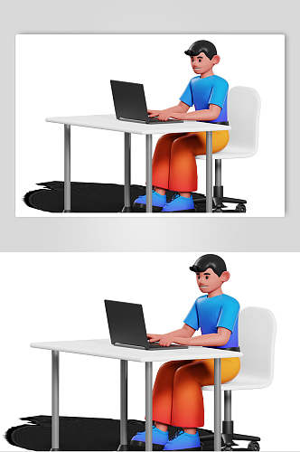 男孩电脑立体卡通人物生活场景素材