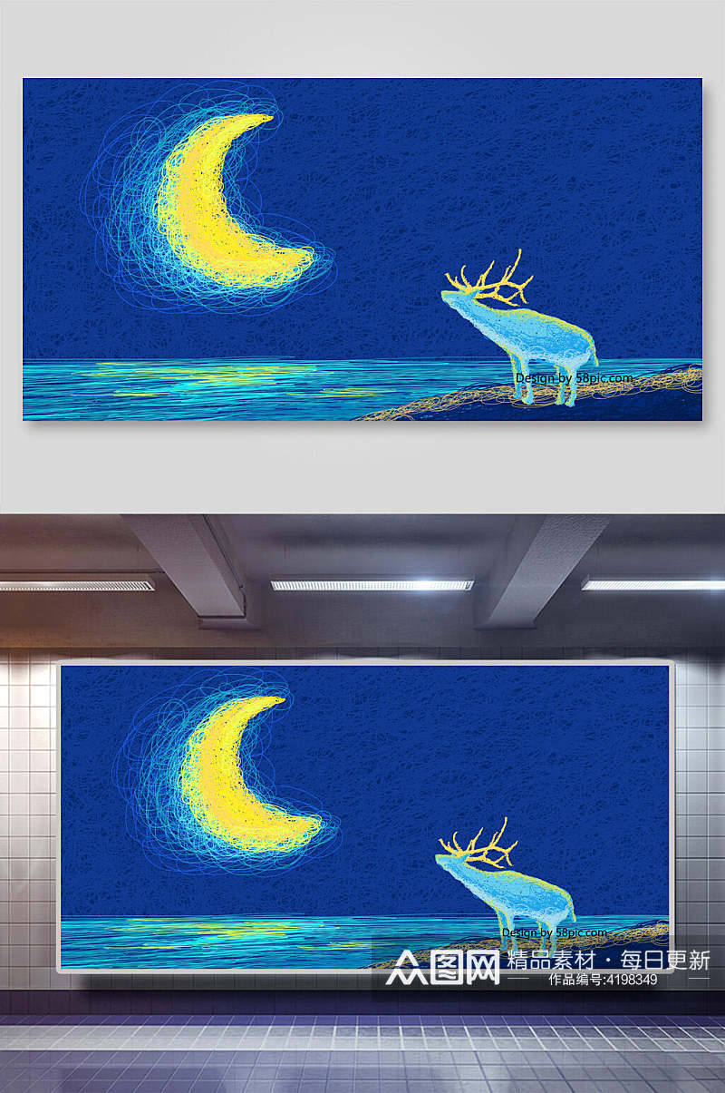 高端时尚月亮麋鹿手绘梦幻插画素材