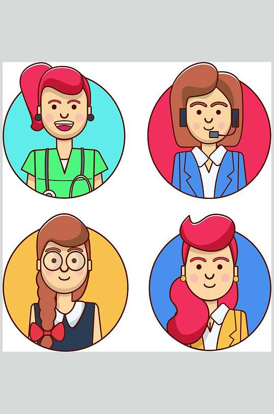 女性圆形简约扁平卡通人物矢量素材