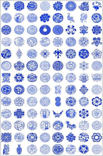 蓝色简约风传统青花瓷花纹矢量素材