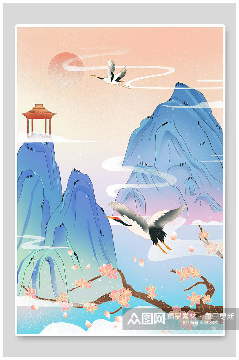 山水中国风花卉插画素材