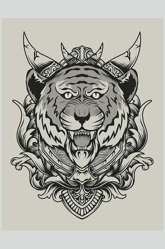 老虎黑黄简约复古装饰绘画矢量素材