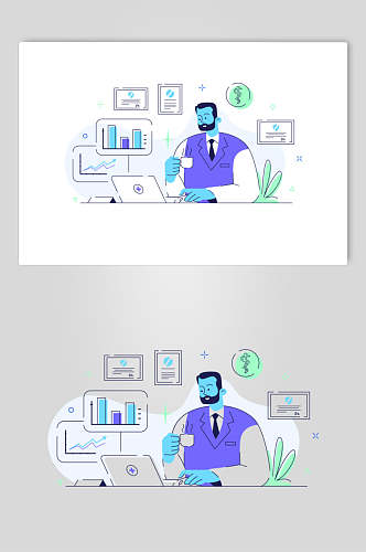 植物电脑商务蓝绿医疗人物矢量素材