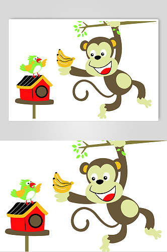 猴子房子相机小鸟卡通动物矢量素材
