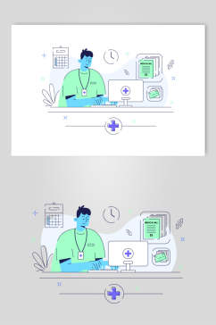 电脑时尚线条绿蓝医疗人物矢量素材