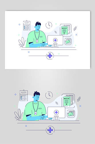 电脑时尚线条绿蓝医疗人物矢量素材