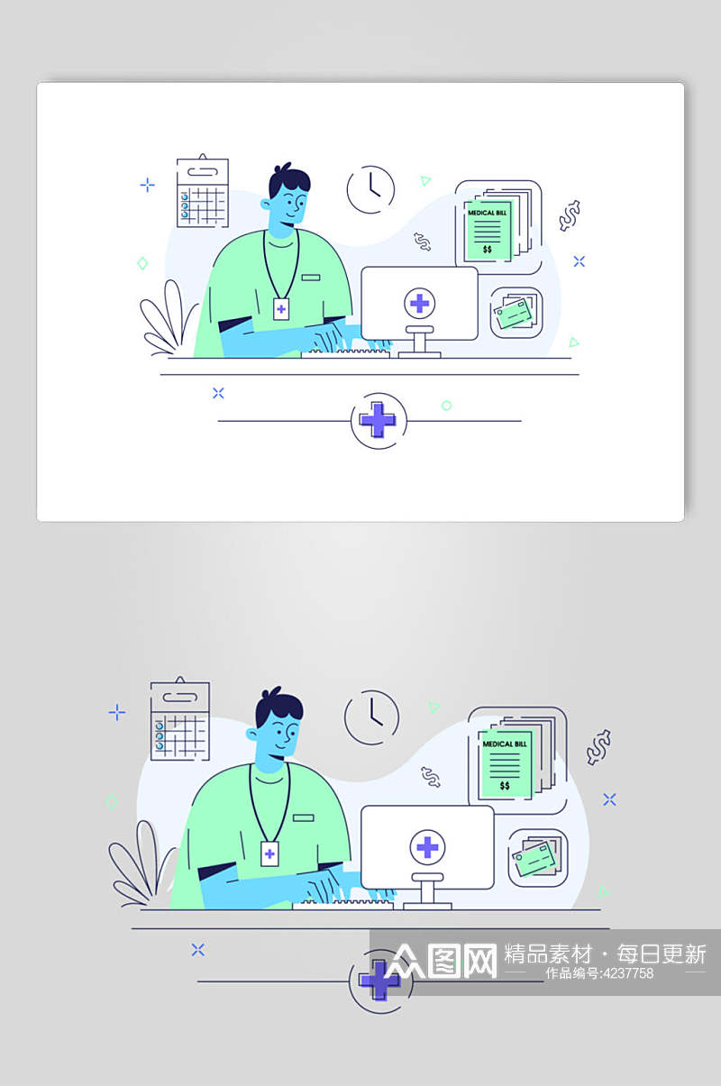电脑时尚线条绿蓝医疗人物矢量素材素材