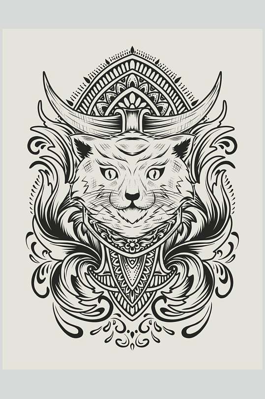 猫咪动物黑黄复古装饰绘画矢量素材