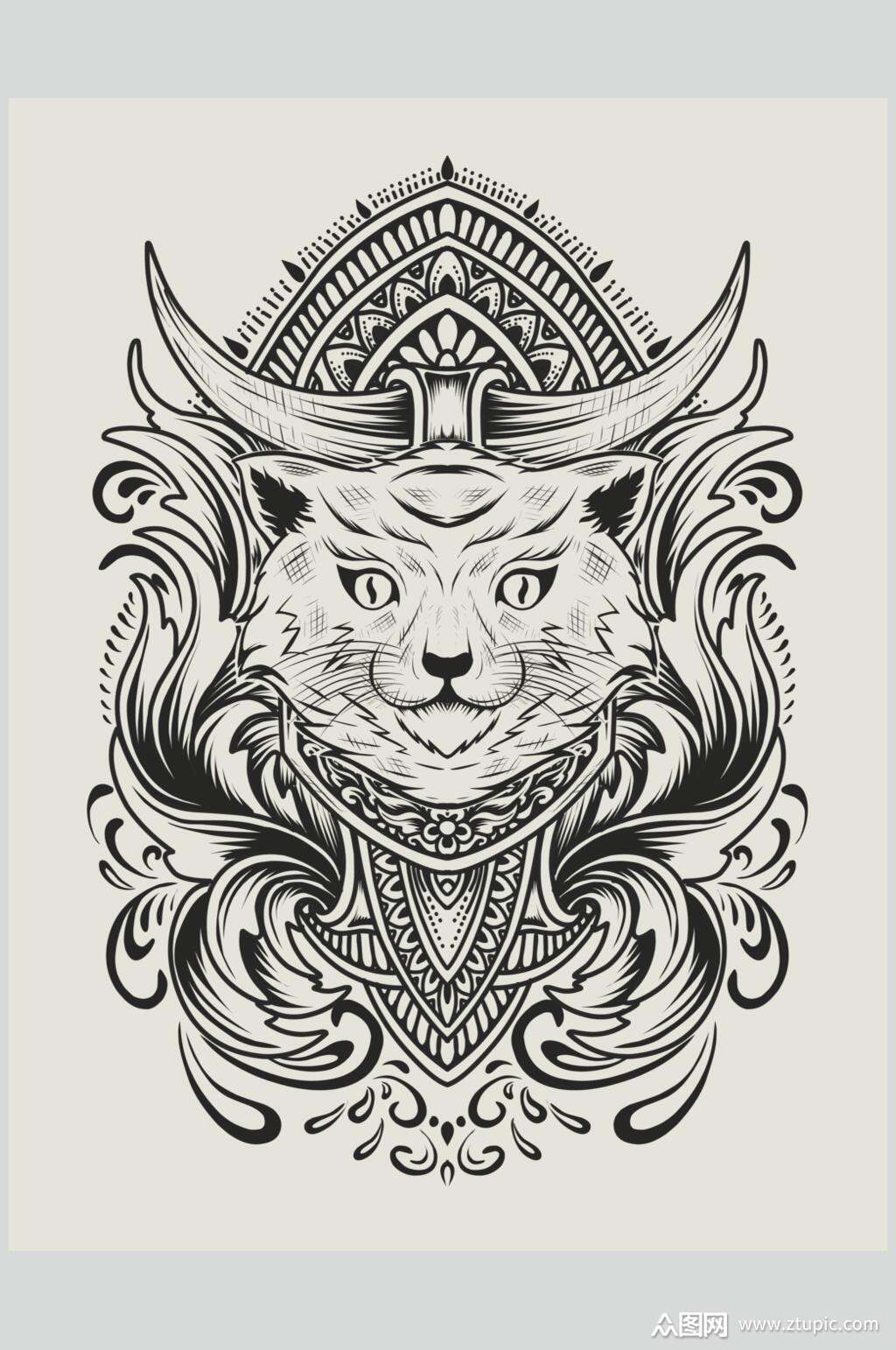 猫咪动物黑黄复古装饰绘画矢量素材素材